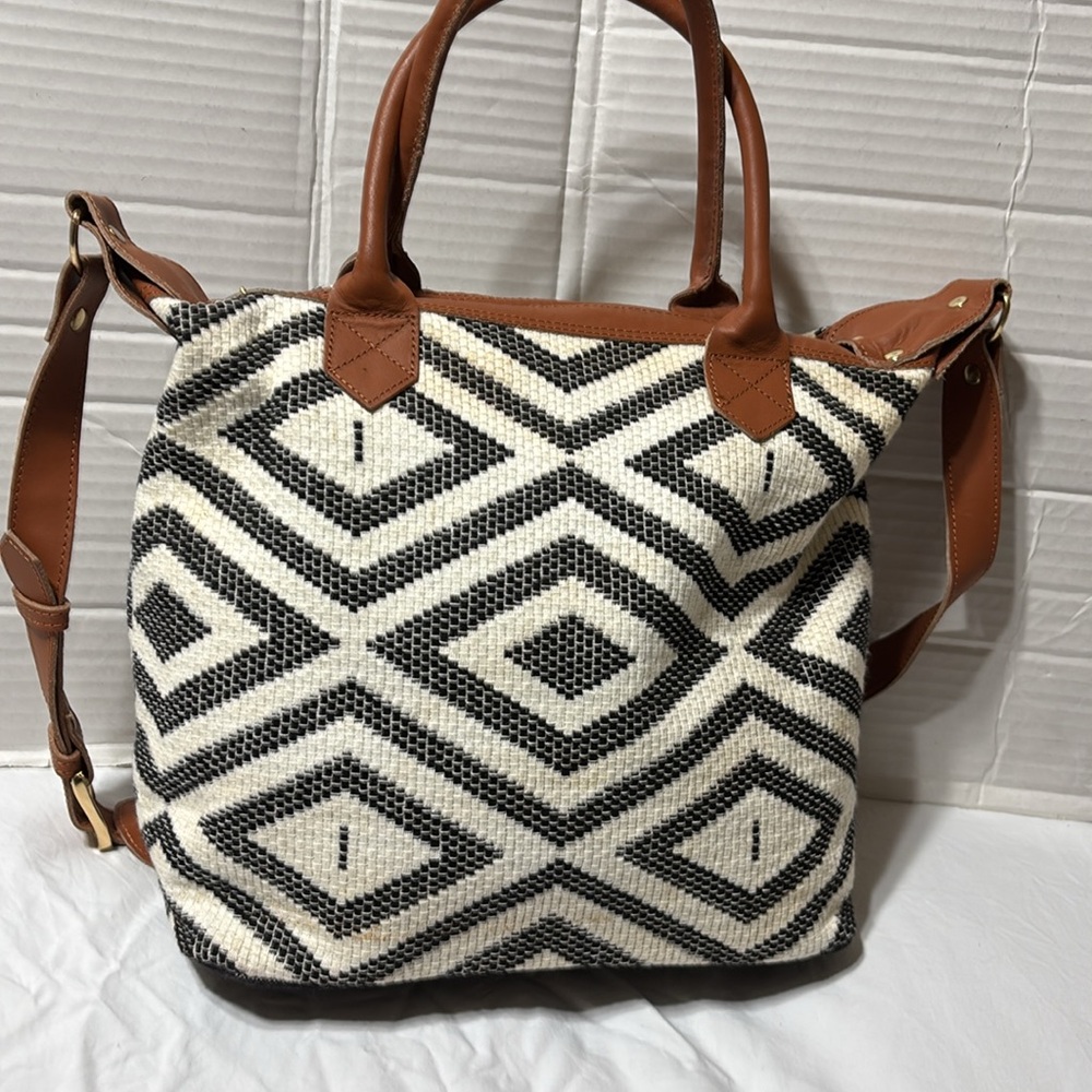 Tribe Alive cotton/leather trim satchel with adjustable shoulder strap.